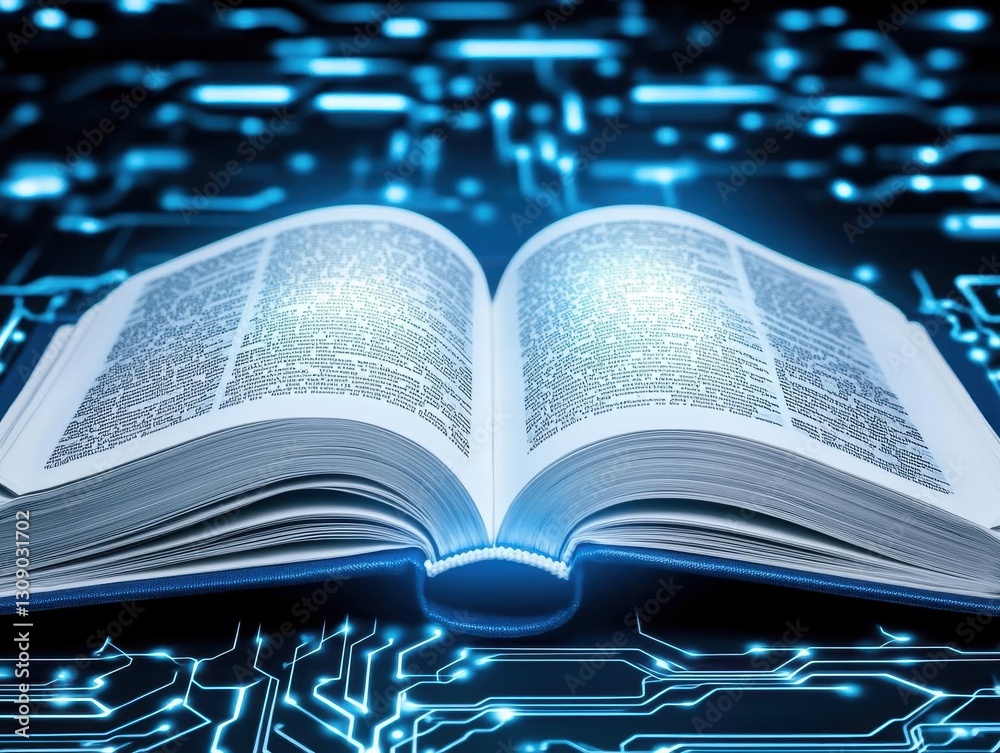 Poster An open book with glowing pages surrounded by digital data streams