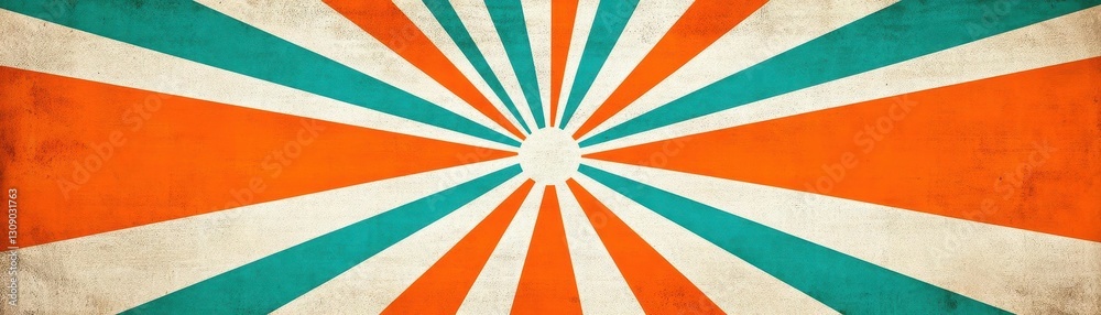 Poster an orange, teal, and white retro sunburst pattern on an aged background with distressed edges