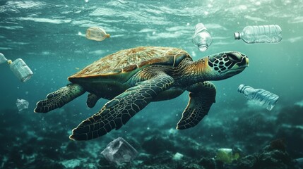 Fototapeta premium A haunting image of a sea turtle swimming amidst plastic waste in a polluted ocean. This striking visual conveys the devastating effects of human activity on marine life and highlights the urgency of