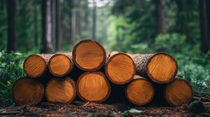 Pile of logs in a forest. Wood logs stacked together on the ground. Forest background behind the logs. Close up of tree trunks in nature.