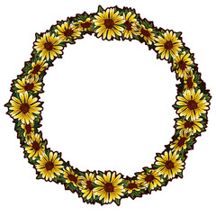 Ring of Beautiful Yellow Daisies and Green Leaves