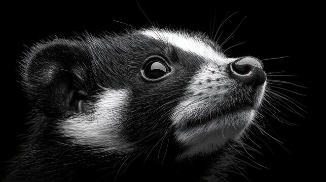 Close up of a black and white image of a skunk in a natural setting showcasing wildlife and animal behavior