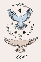 Mid-century Modern Bird Icons Dove Birds Peace And Love Vintage Vector Clip-Art Set