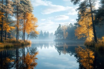 Fototapeta premium Tranquil autumn morning at a serene lake surrounded by colorful trees and mist