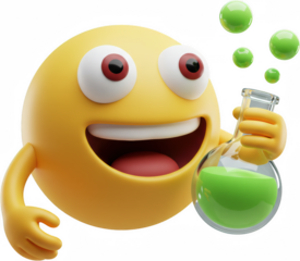 Happy Emoji Cartoon Character Holding Beaker of Green Liquid Bubbles Science Experiment