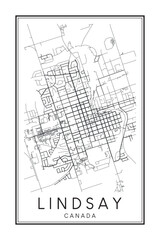 Printable downtown road map poster of the Canadian city of LINDSAY on solid white background with city name