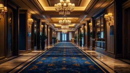 A corridor in a luxury cruise ship, with polished wooden paneling and soft lighting