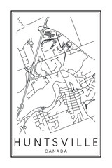 Printable downtown road map poster of the Canadian city of HUNTSVILLE on solid white background with city name