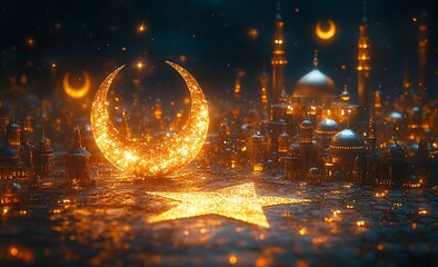  Shimmering Crescent Moon and Star Above a Dreamy Cityscape with Minarets and Golden Lights