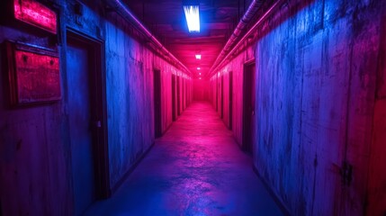 A corridor in a secret underground base, with steel walls and glowing LED panels
