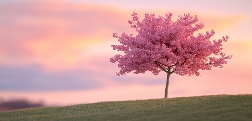 Single cherry blossom tree in full bloom standing on a hill under a pink sunset sky