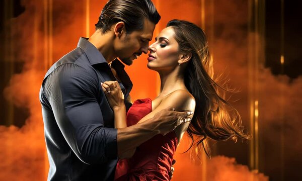 Attractive couple in elegant outfits sharing a passionate dance in warm orange lighting with an intense gaze. Concept of romance and passion