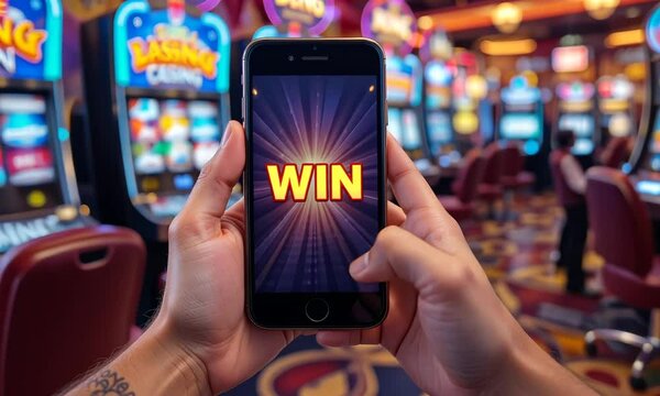Close-up of hands holding a smartphone with a glowing "WIN" screen against a blurred casino background with colorful lights. Concept of online gambling and luck