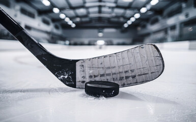 Close-Up of Hockey Stick and Puck on Ice Rink Surface