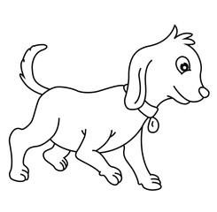 Cute cartoon hand drawn vector walking funny baby dog coloring page.