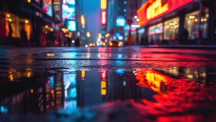 Rainy Night Cityscape: Neon Reflections in Puddle