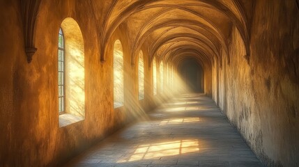 Obraz premium A corridor in an old castle, with stone walls, arched ceilings, and light streaming through slit windows 