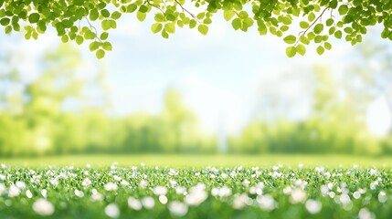 Bright Sunlight on Lush Green Spring Landscape with White Flowers