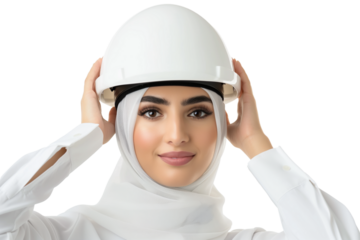 Confident young Emirati female engineer adjusting hard hat isolated on transparent white background