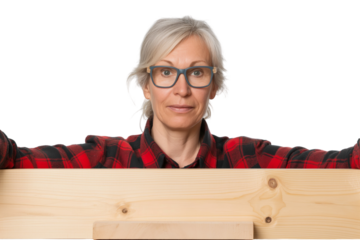 Calm middle-aged Finnish female carpenter sanding wood isolated on transparent white background