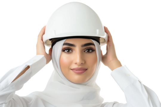 Confident young Emirati female engineer adjusting hard hat isolated on transparent white background