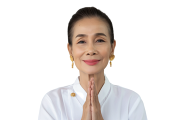 Joyful middle-aged Thai female masseuse pressing palms together isolated on transparent white background