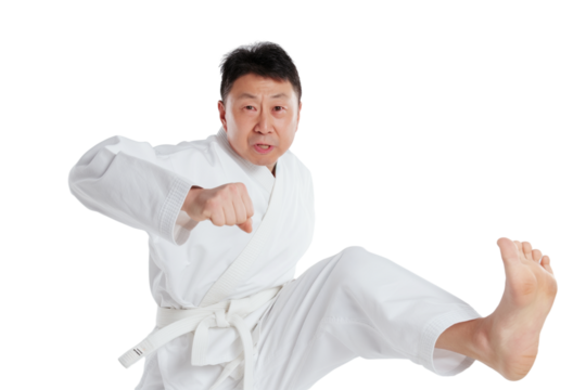 Confident middle-aged Korean male taekwondo instructor mid-kick isolated on transparent white background