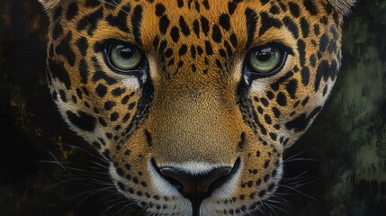 Obraz premium An oil-painted close-up of a jaguar’s face, its intense eyes lock onto you amidst richly detailed fur and striking realism