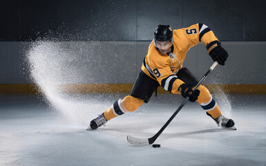 Obraz premium Dynamic image capturing a professional ice hockey player in action on the ice court.