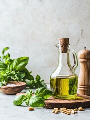 A glass flask of olive oil sits beside fresh basil leaves, pine nuts, and a pepper grinder on a rustic wooden board against a soft, neutral background.