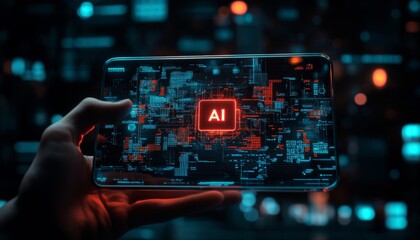 Fototapeta premium Cyberpunk digital interface on transparent tablet ai network and holographic data visualization