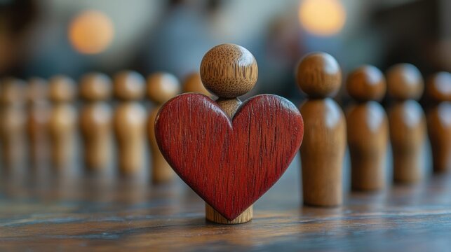 Wooden figures shaped like people and a heart, symbolizing support for non-profit organizations and their efforts. Perfect for use in charity, community, and social impact campaigns.