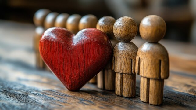 Wooden figures shaped like people and a heart, symbolizing support for non-profit organizations and their efforts. Perfect for use in charity, community, and social impact campaigns.
