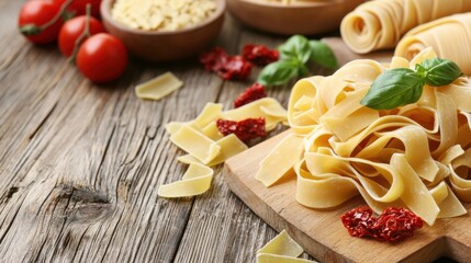 Fresh pasta, cherry tomatoes, and herbs are beautifully arranged on a wooden surface, creating a vibrant and appetizing culinary scene.