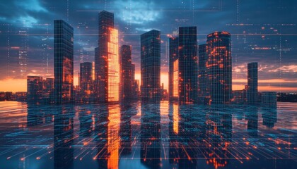 Obraz premium Futuristic cyberpunk cityscape at dusk neon illuminated skyline reflected in glossy waters