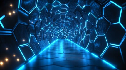 Obraz premium A futuristic sci-fi corridor with glowing blue lights and hexagonal patterns on the walls