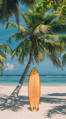 Obraz premium Surfboard rests beneath tropical palm trees on a sandy beach