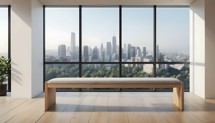 Fototapeta premium Modern Apartment Interior with a City View Through Large Windows and Seating Bench