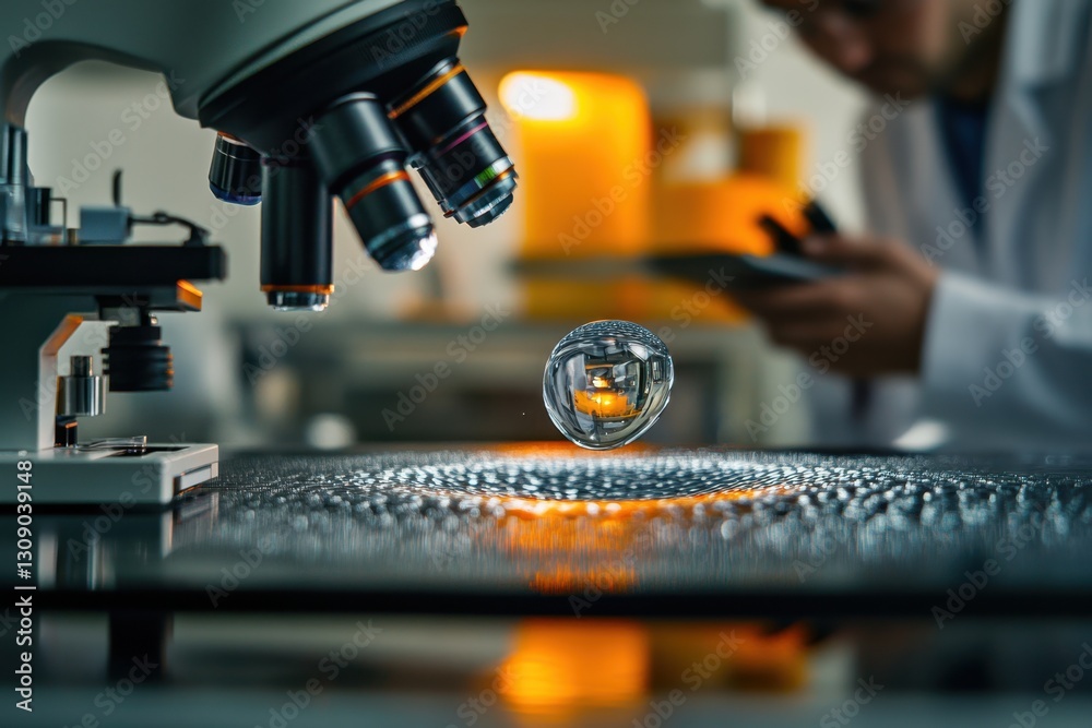 Poster scientist conducts experiment using a microscope and liquid drop in laboratory environment