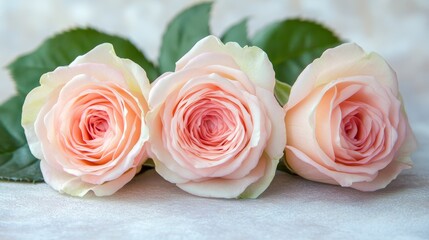 Fototapeta premium Three Delicate Peach Roses in Full Bloom, Arranged on a Soft White Background with Ample Copy Space