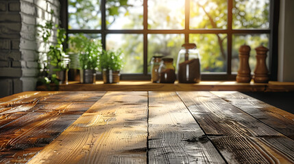 A rustic wooden table for product placement with kitchen and garden in background. 