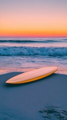 Golden Surfboard on Sandy Beach at Sunset