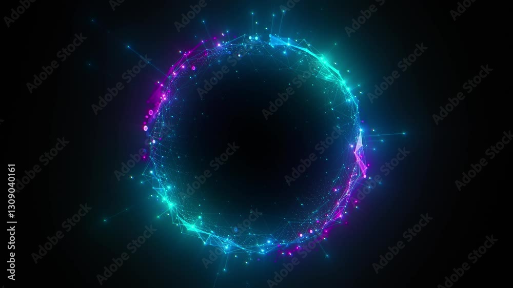 Poster abstract glowing digital sphere with connected points and lines, circular network on a dark backgrou