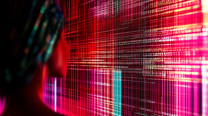 Futuristic digital interface with abstract neon matrix and AI humanoid silhouette in cyberpunk aesthetic