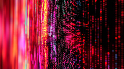 Abstract digital background with vibrant neon pixelated data streams in red, pink, and blue tones, representing futuristic cyber technology and data visualization