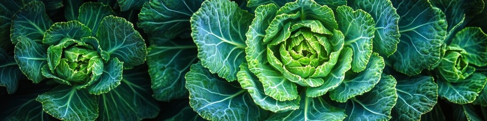 Fototapeta premium Vivid Green Savoy Cabbage Detailed Close-Up of Freshly Grown Heads in a Lush Garden Bed