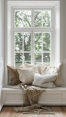 Cozy beige window seat with pillows and blanket in a scandinavian inspired interior setting