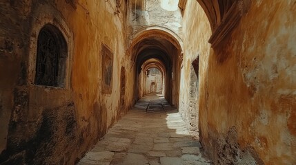 Obraz premium A narrow corridor in an old monastery, with ancient stone walls and arched ceilings 