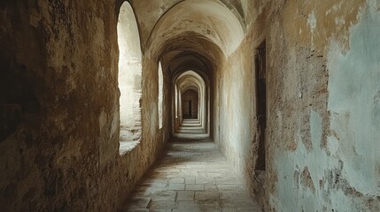 Obraz premium A narrow corridor in an old monastery, with ancient stone walls and arched ceilings 