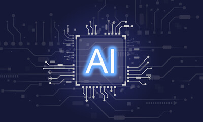 Futuristic Circuit Design Featuring AI Concept with Blue Glow